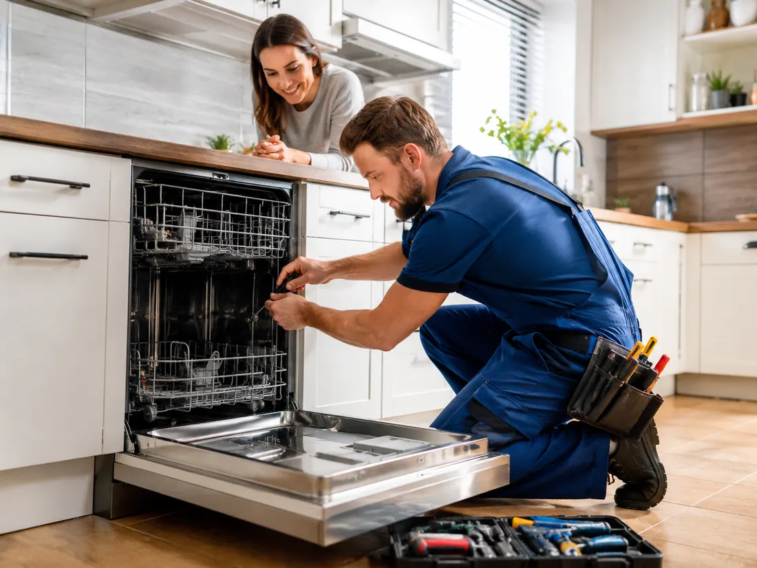 Technician repairing a dishwasher in a Dunedin kitchen