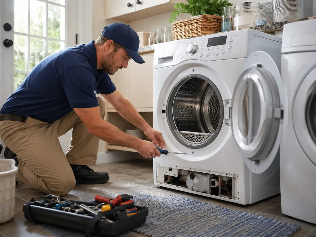 Technician repairing a dryer in a Dunedin laundry room