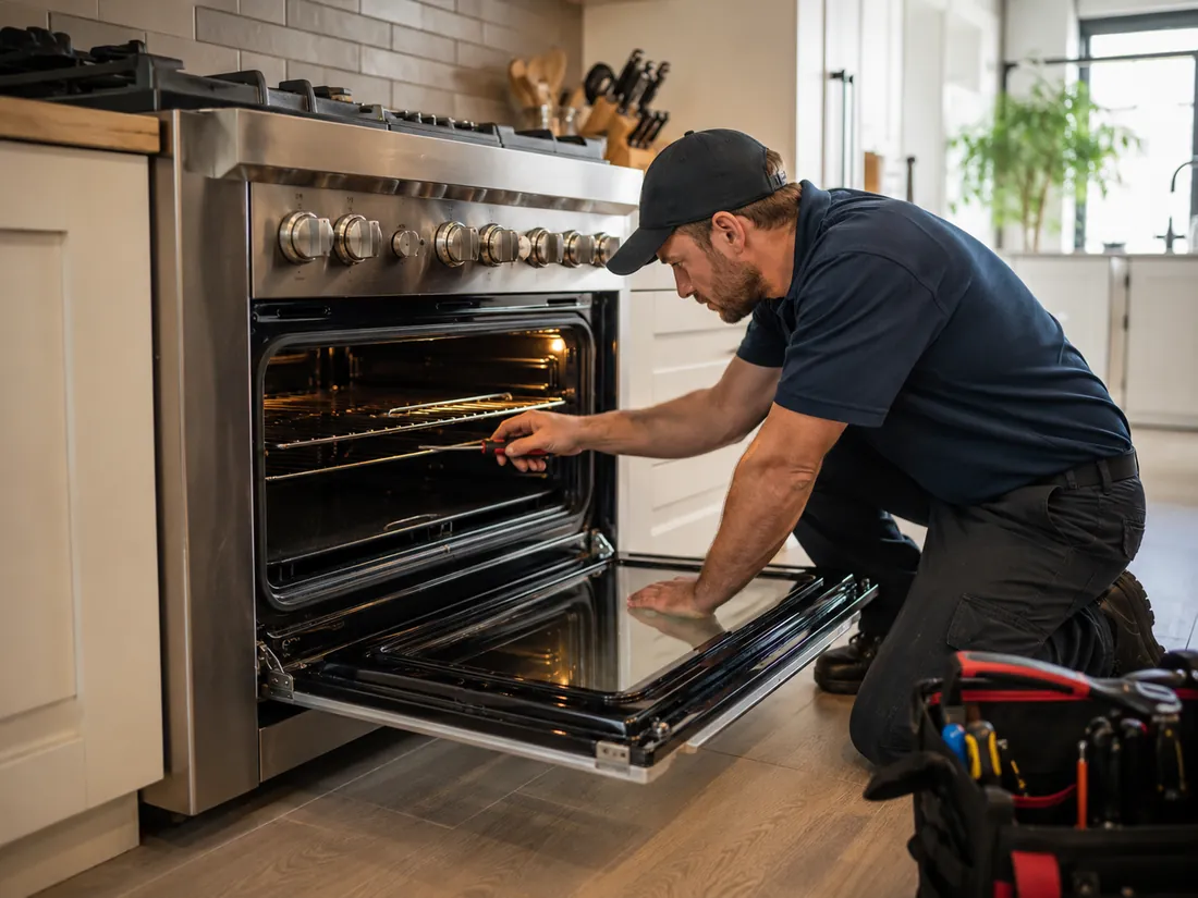 Technician repairing an oven and range in a Dunedin kitchen